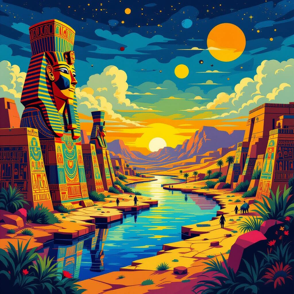 Sunlit desert valley with ancient temples