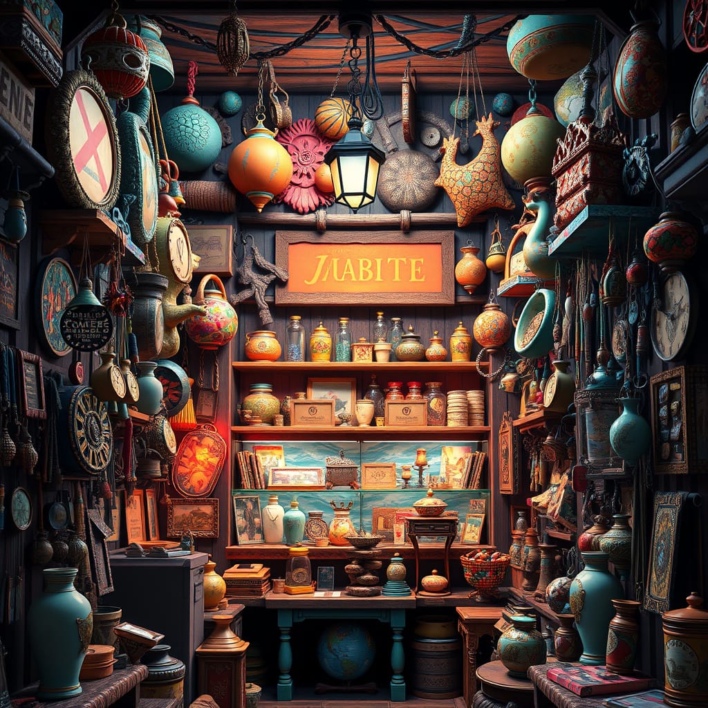 Warm, golden-lit museum souvenir shop