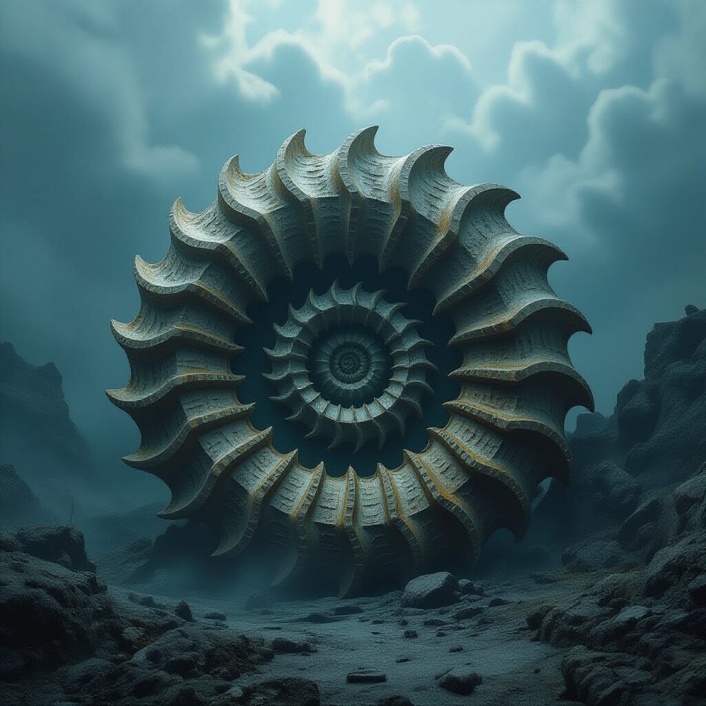 Curled claw fossil replica on dark sand
