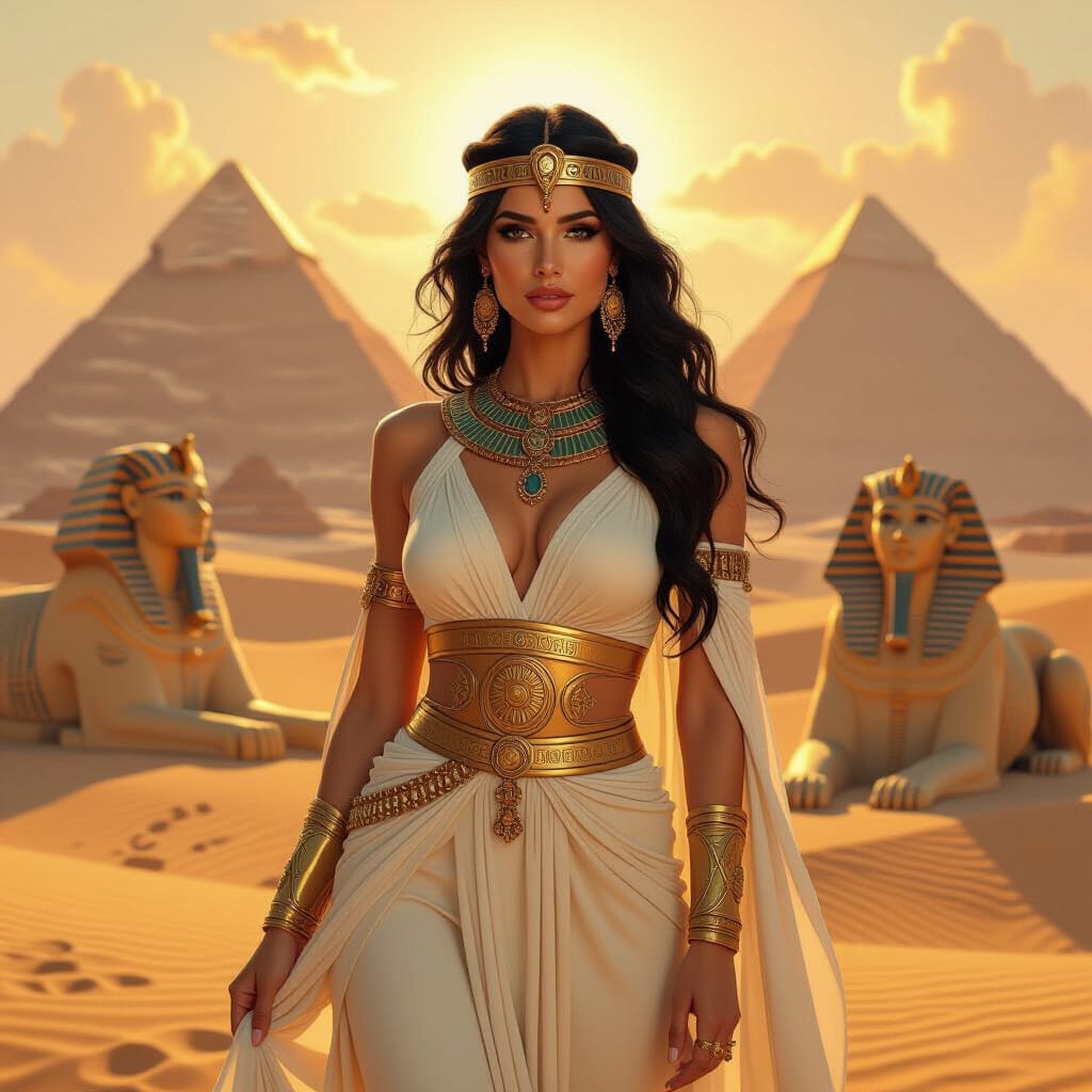 Dr. Amina Selim, field archaeologist in desert regalia with pyramids behind.