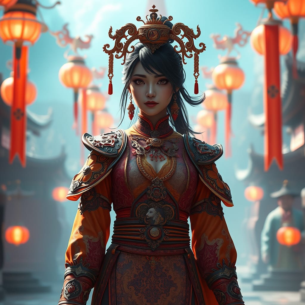 Prof. Mei-Lin Zhao, mythographer in ceremonial attire among lanterns.