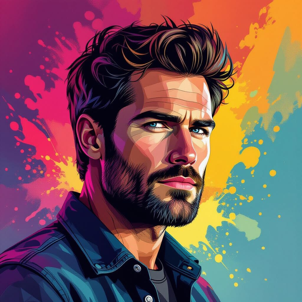 Riley Thompson, digital storyteller against vibrant graphic backdrop.